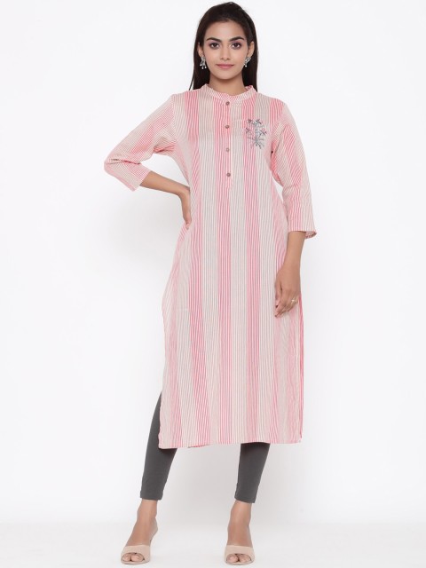 

ZOLA Women Beige & Pink Striped Thread Work Kurta