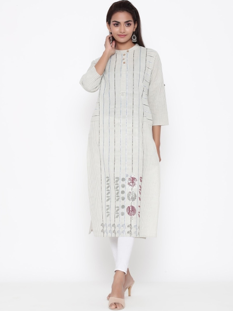 

ZOLA Women Off White & Grey Striped Thread Work Kurta
