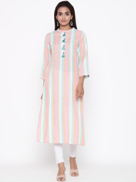 

ZOLA Women Pink & White Striped Thread Work Kurta