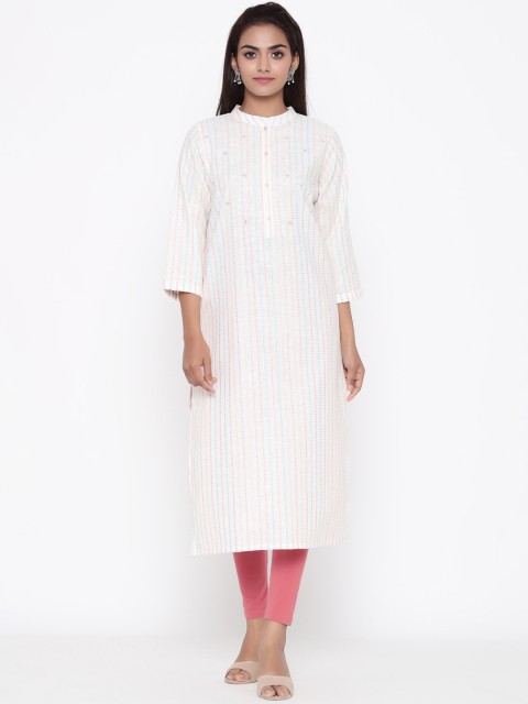 

ZOLA Women Off White & Pink Embroidered Thread Work Kurta