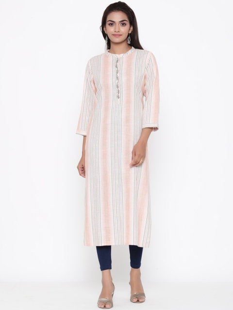 

ZOLA Women Peach-Coloured & White Striped Thread Work Kurta