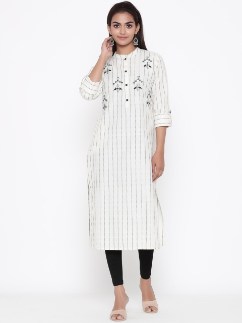 

ZOLA Women White & Black Striped Thread Work Kurta