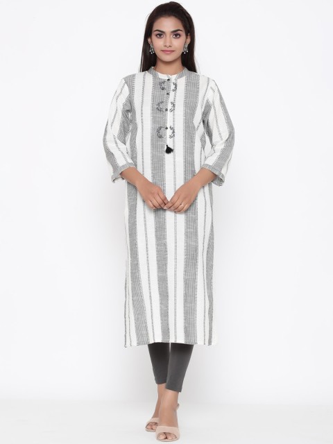 

ZOLA Women Grey & White Striped Thread Work Kurta