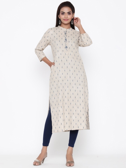 

ZOLA Women Beige & Blue Ethnic Motifs Embroidered Thread Work Kurta