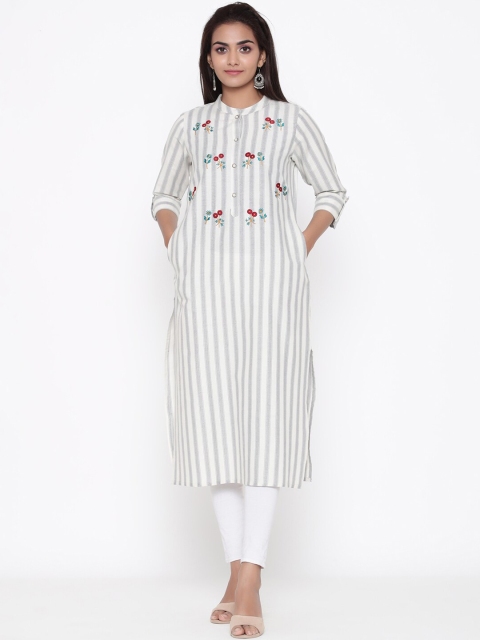 

ZOLA Women White & Grey Striped Thread Work Kurta