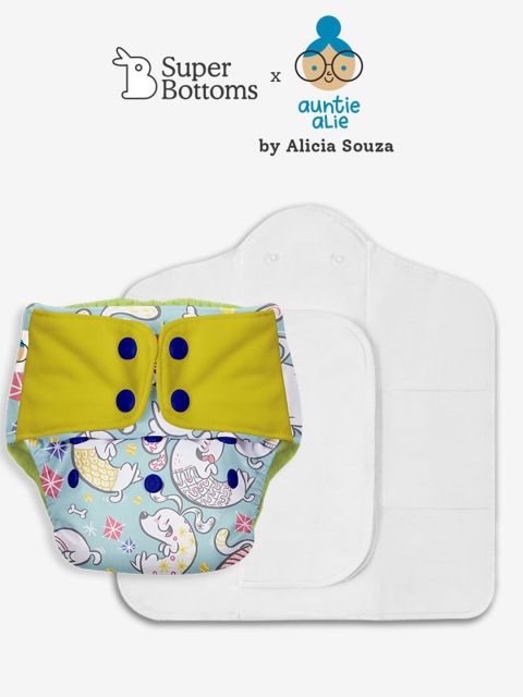 

SuperBottoms Kids Blue & Green Cloth Diaper With 1 Dry Feel Pad