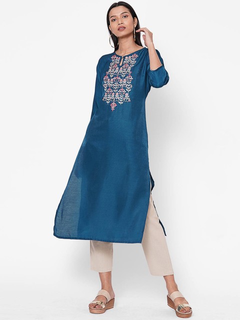 

ZOLA Women Blue Floral Embroidered Keyhole Neck Thread Work Kurta