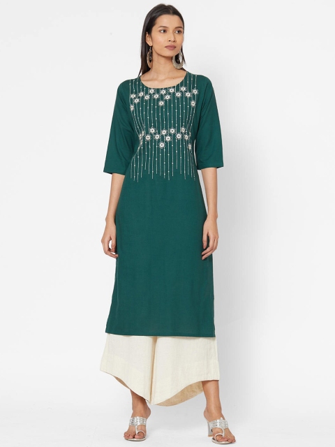

ZOLA Women Green Floral Embroidered Thread Work Kurta