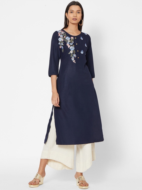

ZOLA Women Navy Blue Floral Embroidered Thread Work Kurta