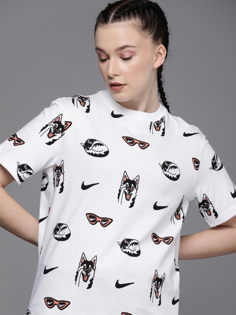 

Nike White Black Sportswear Boyfriend Fit Dog Allover Print Pure Cotton T-shirt