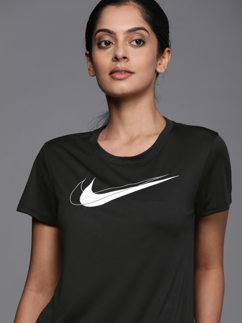 

Nike Women Black & White Brand Logo Print Dri-FiT Swoosh Running T-shirt