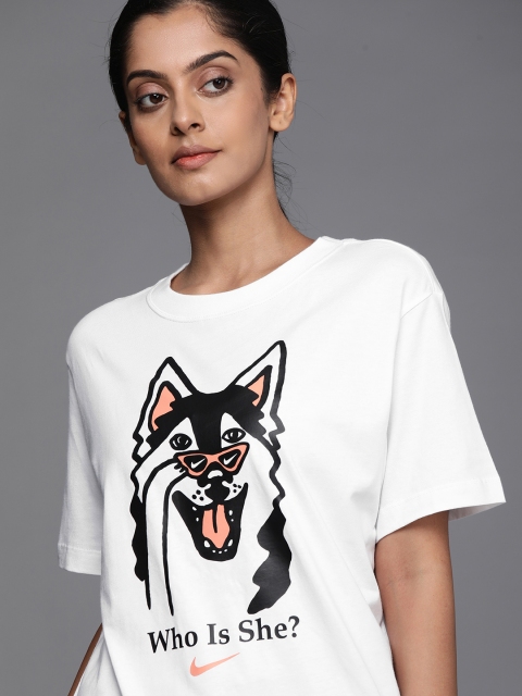 

Nike Women White Black Pure Cotton Sportswear BF Dog HBR Printed Pure Cotton T-shirt