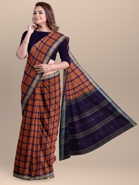 

APCO Orange & Navy Blue Checked Pure Cotton Saree