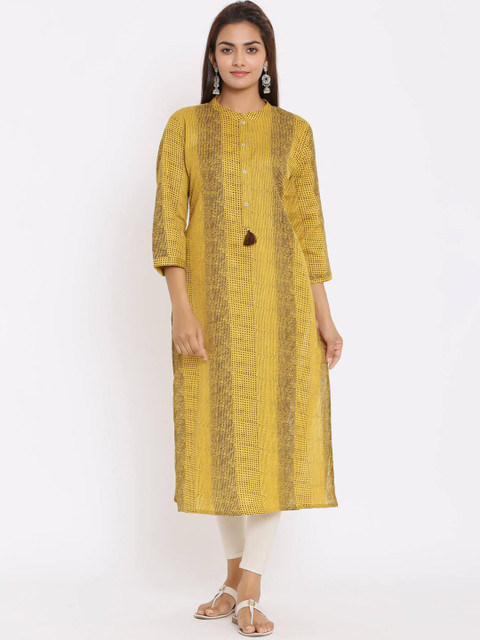 

ZOLA Women Mustard Yellow & Brown Printed Thread Work Kurta