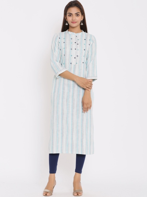 

ZOLA Women Blue & White Striped Mirror Work Kurta