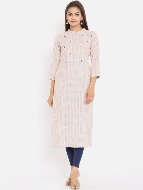 

ZOLA Women Peach-Coloured & White Embroidered Mirror Work Kurta