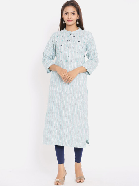 

ZOLA Women Blue & White Striped Mirror Work Kurta