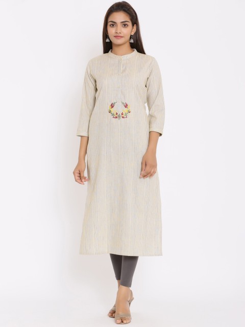 

ZOLA Women Beige & Grey Striped Thread Work Kurta