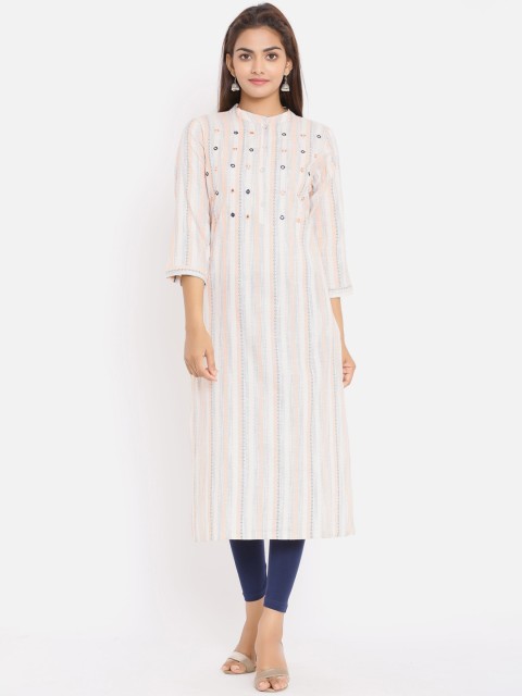 

ZOLA Women Peach-Coloured & White Striped Mirror Work Kurta