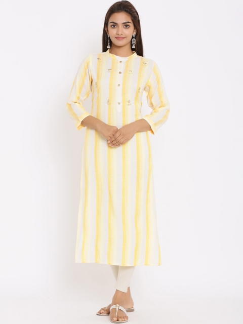 

ZOLA Women Yellow & White Striped Thread Work Kurta