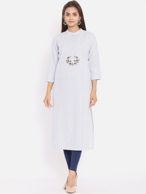 

ZOLA Women Blue & White Embroidered Thread Work Kurta