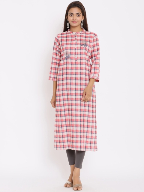 

ZOLA Women Pink & Off White Checked Thread Work Kurta