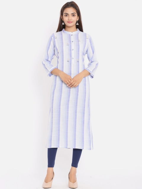 

ZOLA Women Blue & White Striped Thread Work Kurta