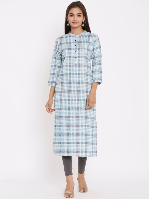 

ZOLA Women White & Blue Checked Thread Work Kurta