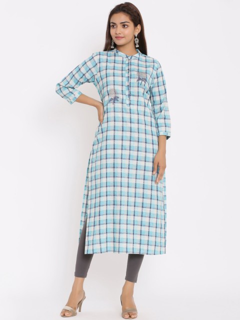 

ZOLA Women Blue & White Checked Thread Work Kurta