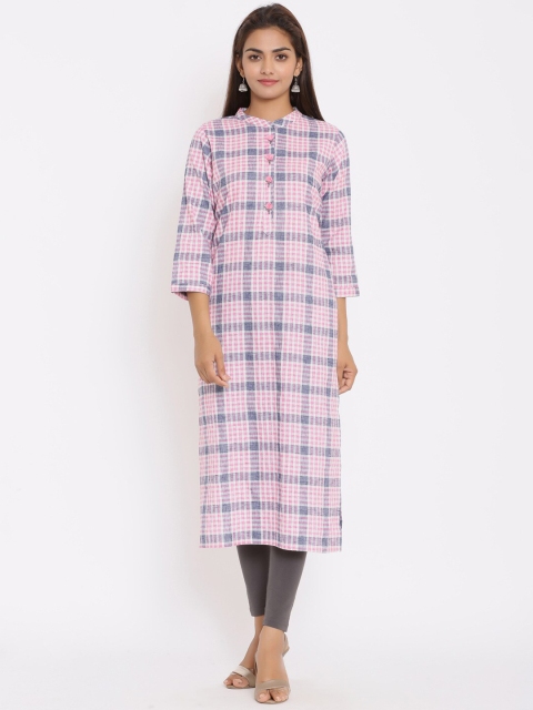 

ZOLA Women White & Pink Checked Thread Work Kurta