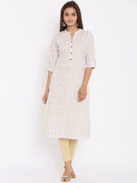 

ZOLA Women Off White & Yellow Ethnic Motifs Foil Printed Straight Kurta