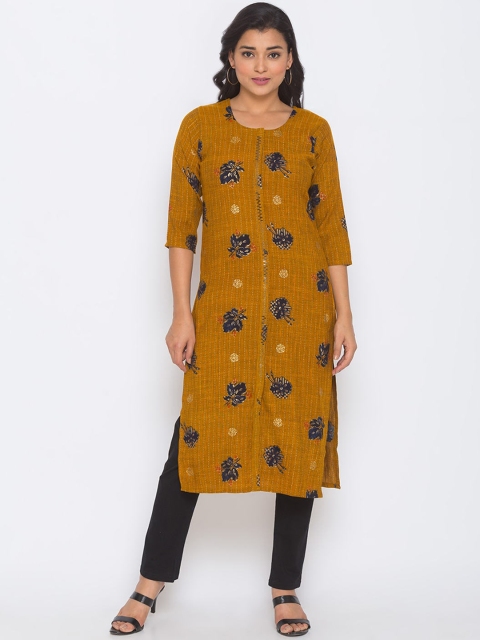 ZOLA Women Mustard Yellow Quirky Embroidered Mirror Work Kurta