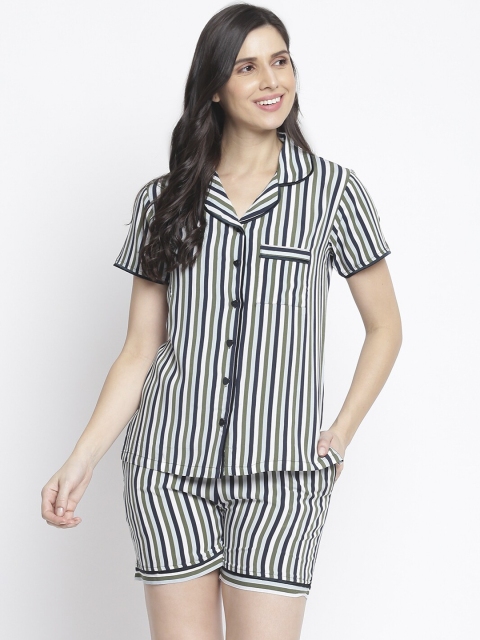 

Organza Women Green & Navy Blue Striped Night suit