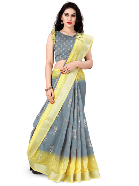 

KALINI Grey & Yellow Floral Zari Designer Saree