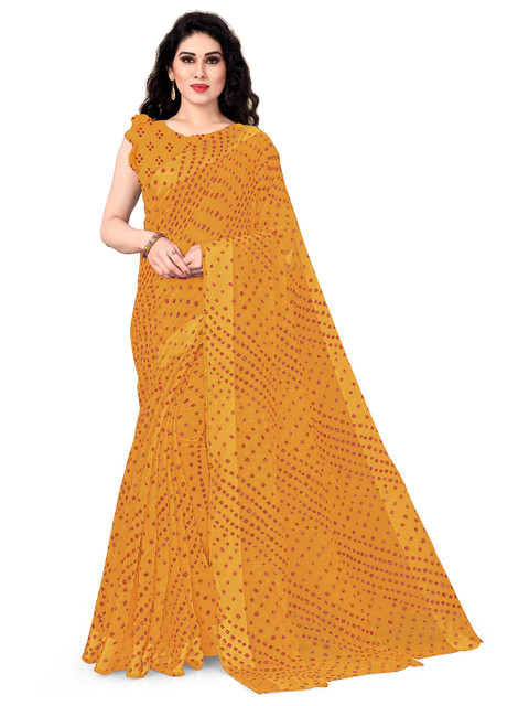 

KALINI Mustard Yellow & Maroon Printed Designer Bandhani Saree