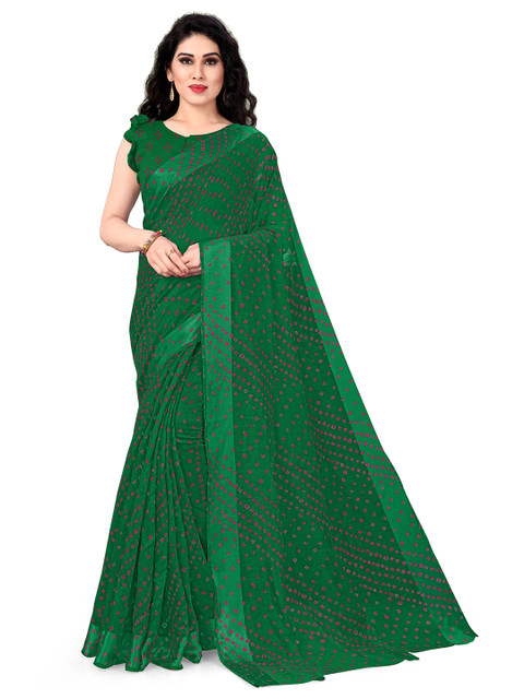 

KALINI Green & Pink Printed Designer Bandhani Saree