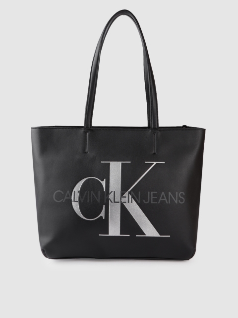 

Calvin Klein Black & Silver Brand Logo Printed Structured Shoulder Bag