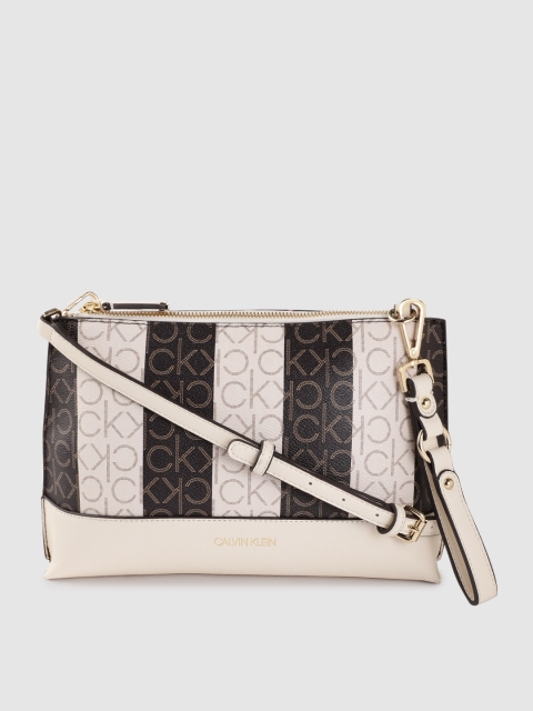 

Calvin Klein Off White & Brown Striped & Brand Logo Print Sling Bag
