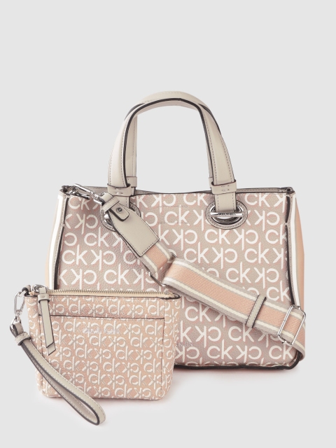 

Calvin Klein Taupe & Off-White Brand Logo Printed Bowling Handheld Bag