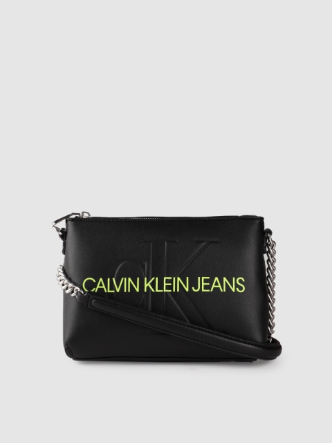 

Calvin Klein Women Black & Lime Green Brand Logo print Sling Bag