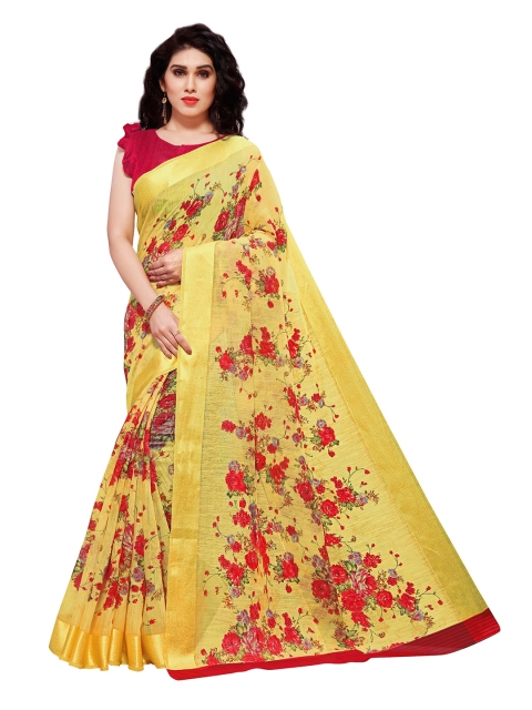 

KALINI Yellow & Red Floral Printed Designer Bagh Saree