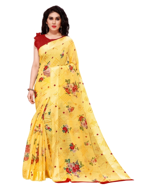 

KALINI Yellow & Red Floral Printed Designer Bagh Saree