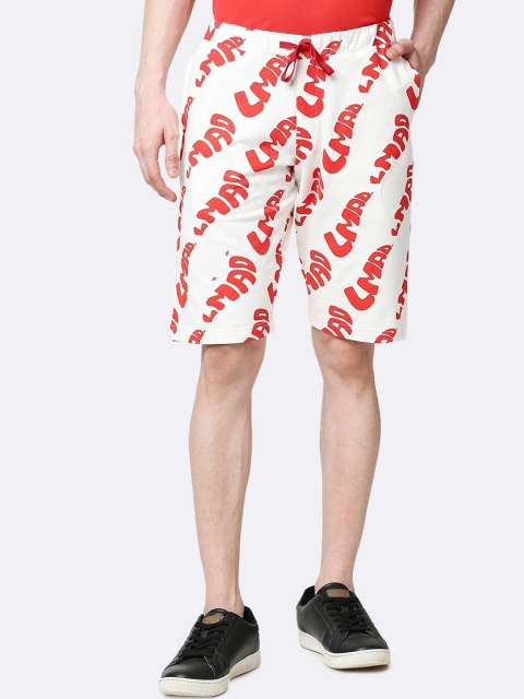 

Bewakoof Men White & Red Typography Printed Mid-Rise Regular Shorts