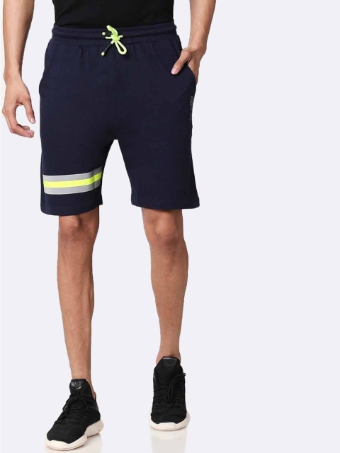 

Bewakoof Men Navy Blue & Lime Green Mid-Rise Reflector Regular Shorts