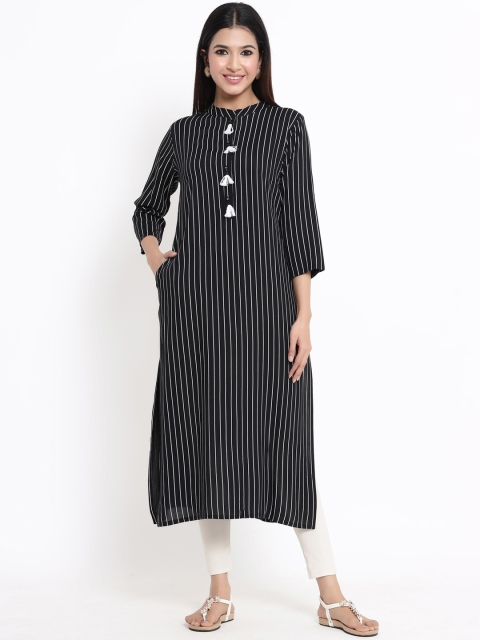 

ZOLA Women Black & White Striped Kurta With Tassels
