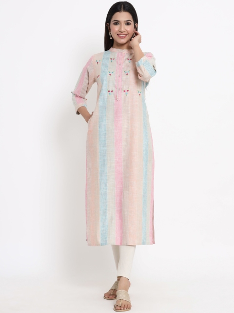 

ZOLA Women Peach-Coloured & Blue Striped Embroidered Detail Kurta