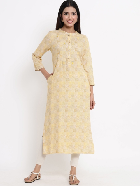 

ZOLA Women Mustard Yellow Checked Embroidered Detail Kurta