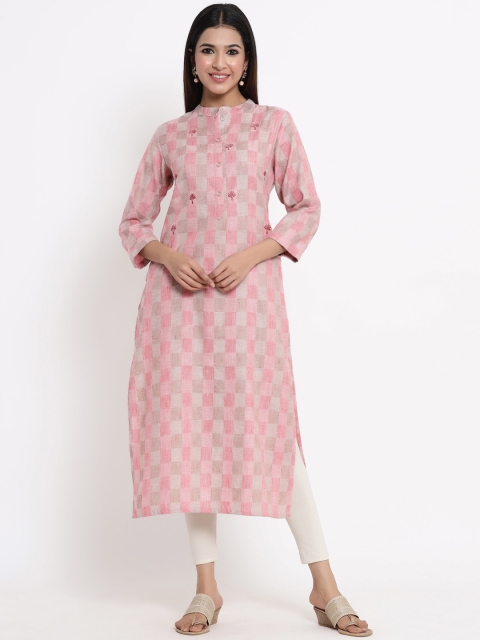 

ZOLA Women Pink Checked Embroidered Detail Kurta