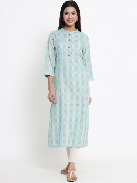 

ZOLA Women Turquoise Blue Checked Embroidered Detail Kurta