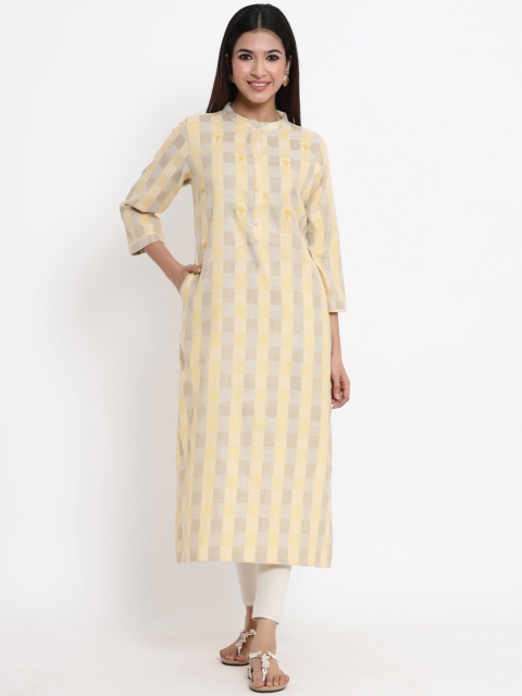 

ZOLA Women Yellow & Grey Checked Embroidered Detail Kurta